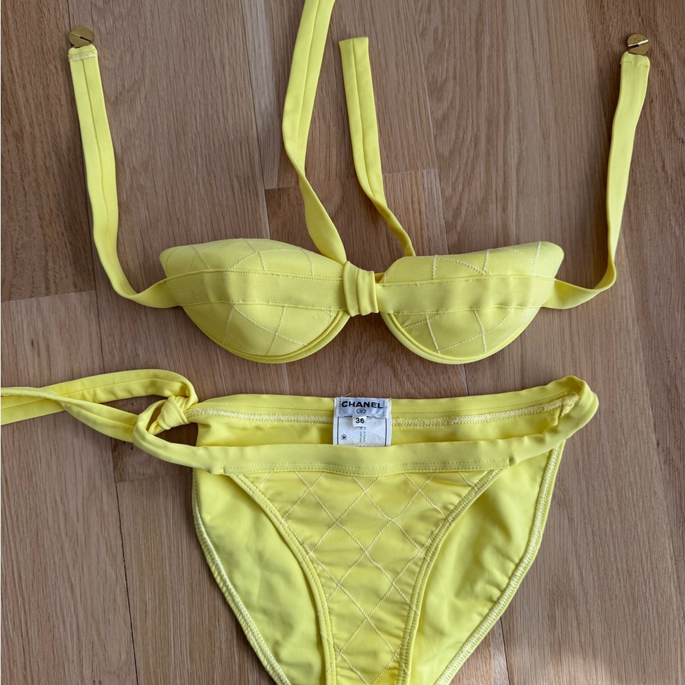 Vintage Chanel Bright Yellow Quilted Bikini- size 36